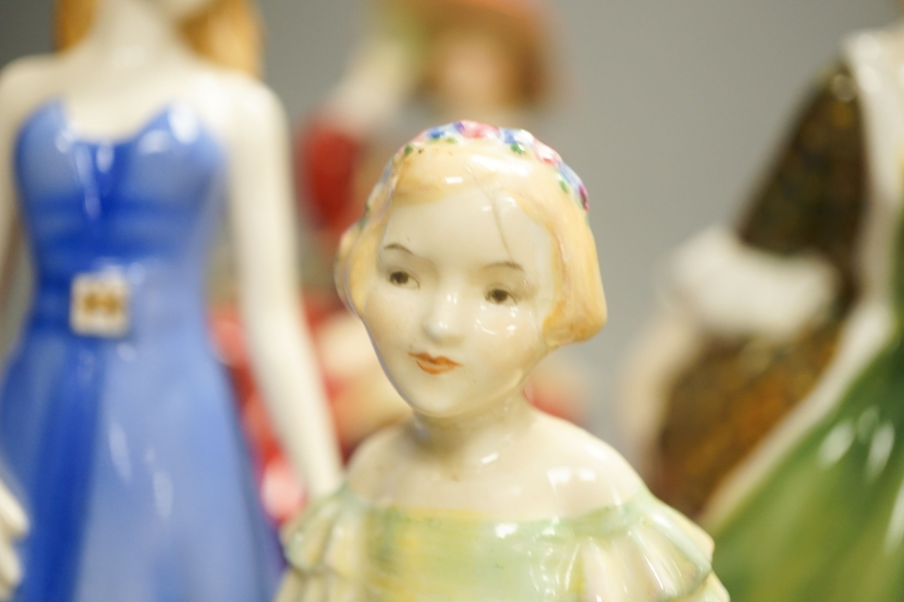 Seven Royal Doulton costume figures and two others Meditation HN2330 and Heart to Heart HN2278 (9)